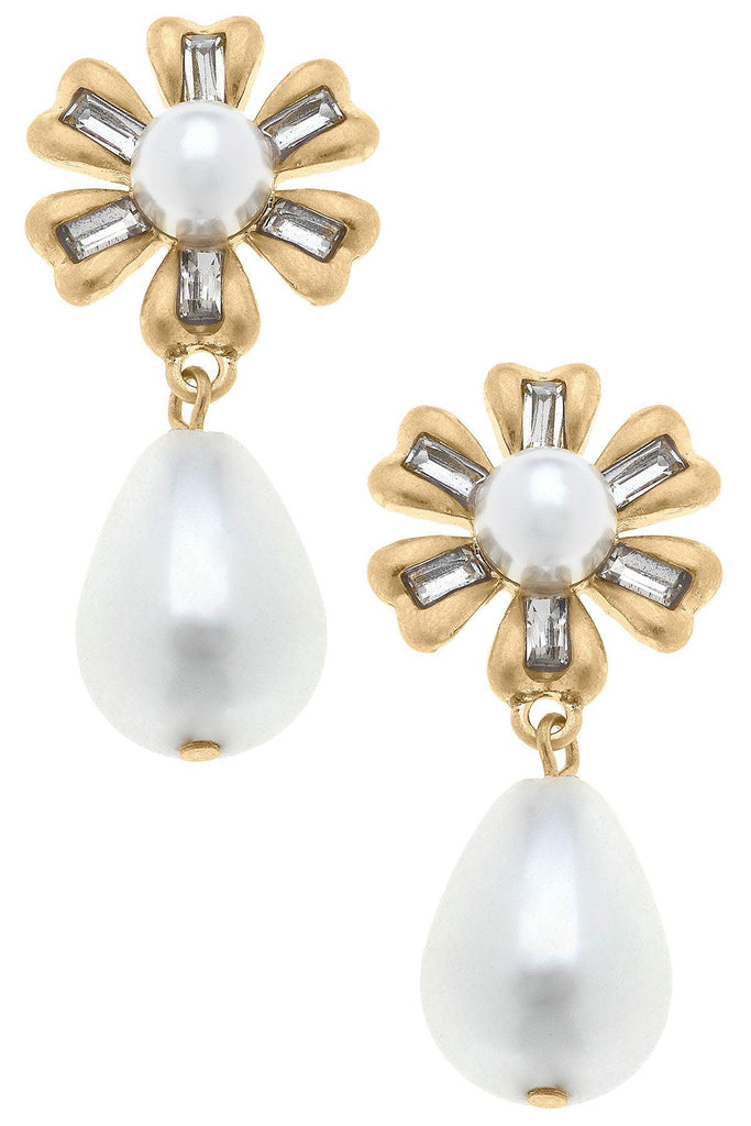 Avery Pearl Drop Flower Earrings in Worn Gold - Canvas Style