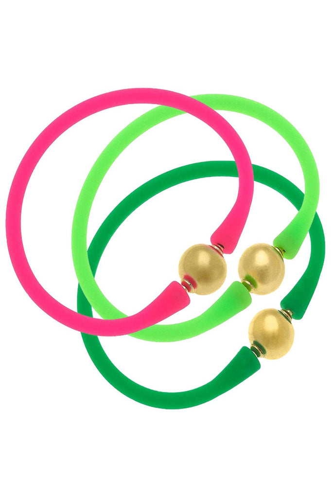 Bali 24K Gold Silicone Bracelet Stack of 3 in Neon Pink, Neon Green & Green - Canvas Style