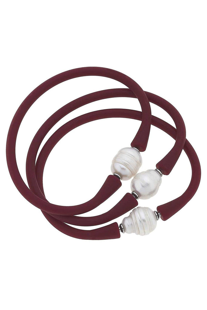 Bali Freshwater Pearl Silicone Bracelet Set of 3 in Burgundy - Canvas Style