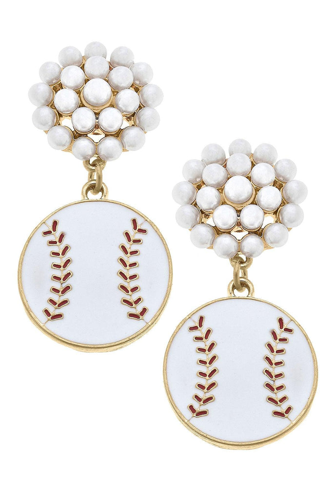 Baseball Pearl Cluster Enamel Drop Earrings in White & Red - Canvas Style