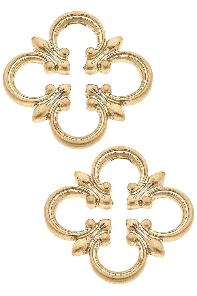 Bellamy Open Quatrefoil Stud Earrings in Worn Gold - Canvas Style