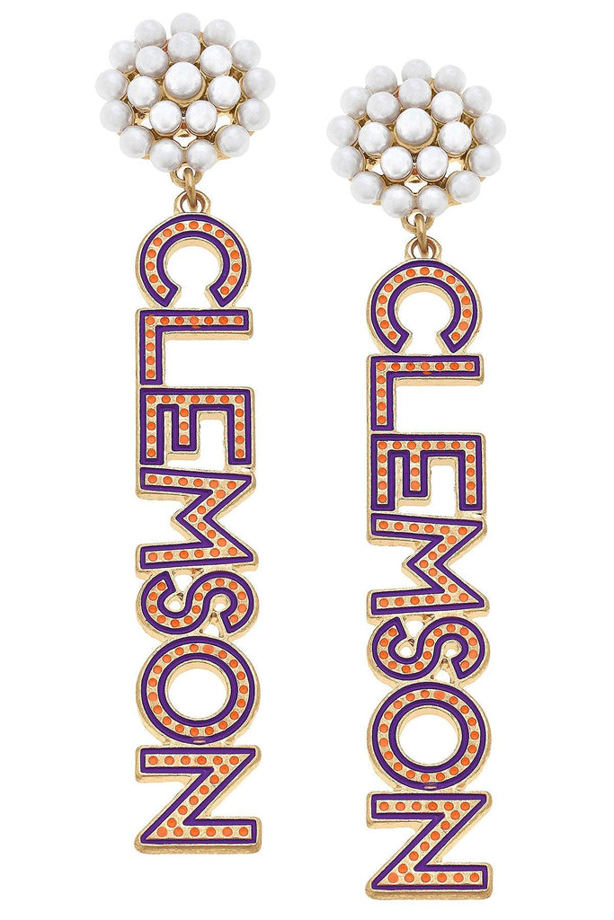 Clemson Tigers Pearl Cluster Dotted Enamel Drop Earrings - Canvas Style