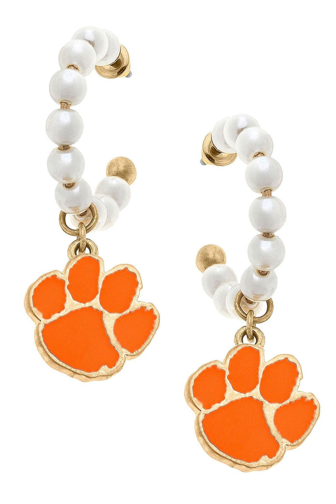 Clemson Tigers Pearl Hoop Enamel Drop Earrings - Canvas Style