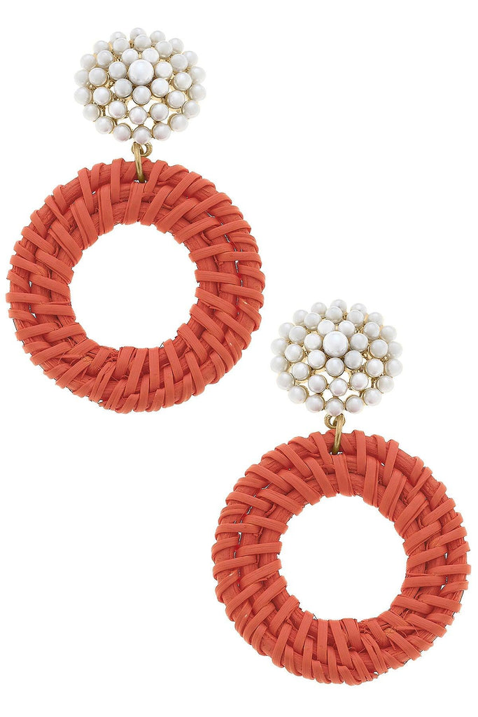 Elena Circle Wicker Pearl Drop Earring in Orange - Canvas Style