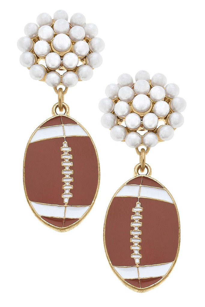 Football Pearl Cluster Enamel Drop Earrings in Brown - Canvas Style