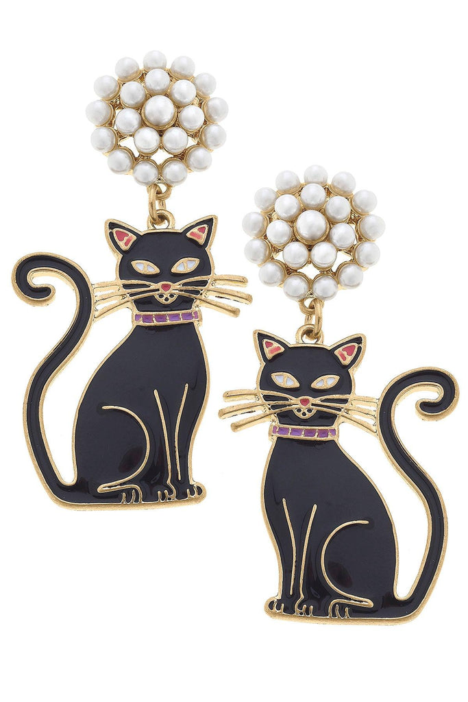 Halloween Enamel Black Cat Earrings in Black - Canvas Style