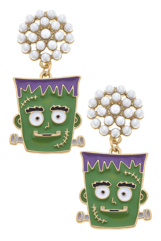 Halloween Enamel Frankenstein Earrings in Green & Purple - Canvas Style