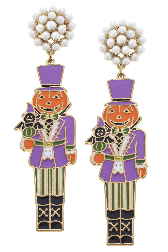 Halloween Enamel Jack O'Lantern Nutcracker Earrings in Purple and Orange - Canvas Style