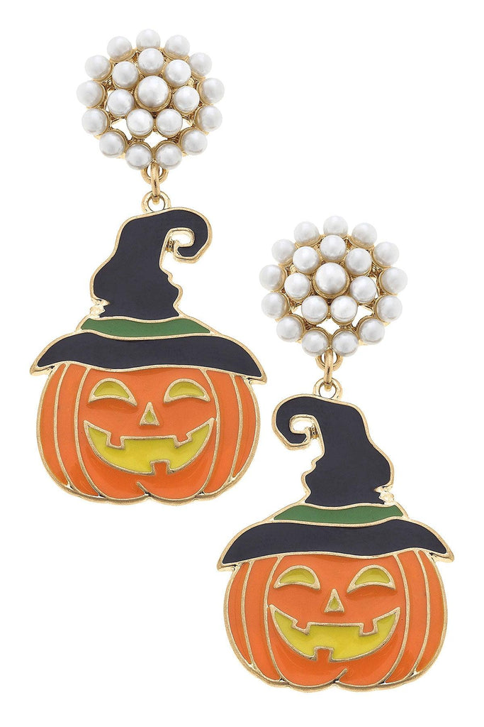 Halloween Enamel Jack O'Lantern Witch Hat Earrings in Orange and Black - Canvas Style