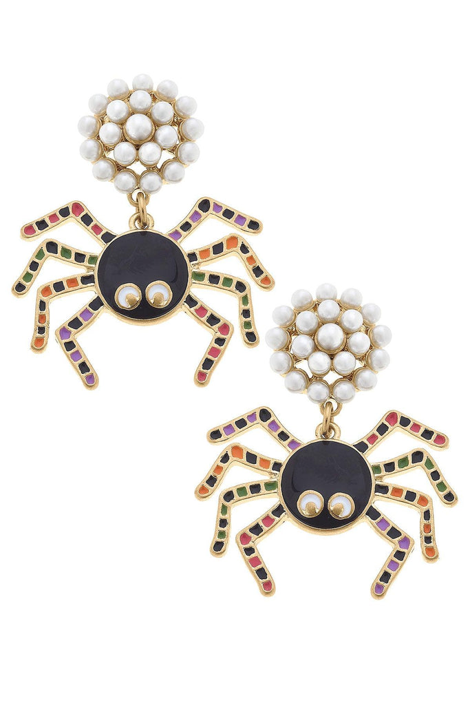 Halloween Enamel Spider Earrings in Black/Multi - Canvas Style