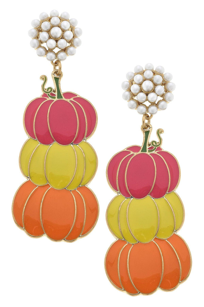 Halloween Enamel Stacked Pumpkins Earrings in Pink/Yellow/Orange - Canvas Style