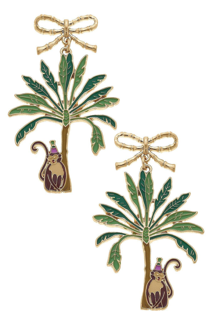 Henley Enamel Monkey with Palm Tree Earrings in Green & Brown - Canvas Style
