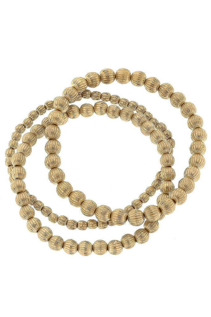 Iliana Ribbed Metal Ball Bead Stretch Bracelet Stack in Worn Gold - Set of 3 - Canvas Style
