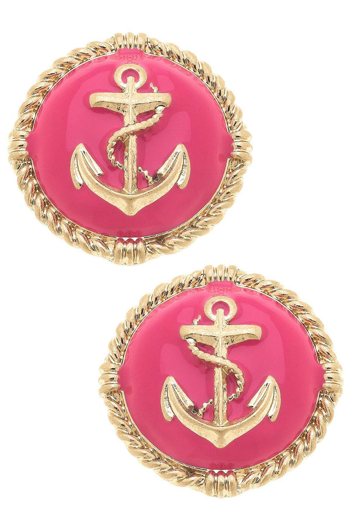 Kathleen Enamel Anchor Statement Stud Earrings in Pink - Canvas Style