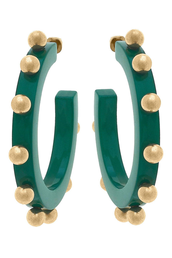 Kelley Studded Metal and Resin Hoop Earrings in Green - Canvas Style