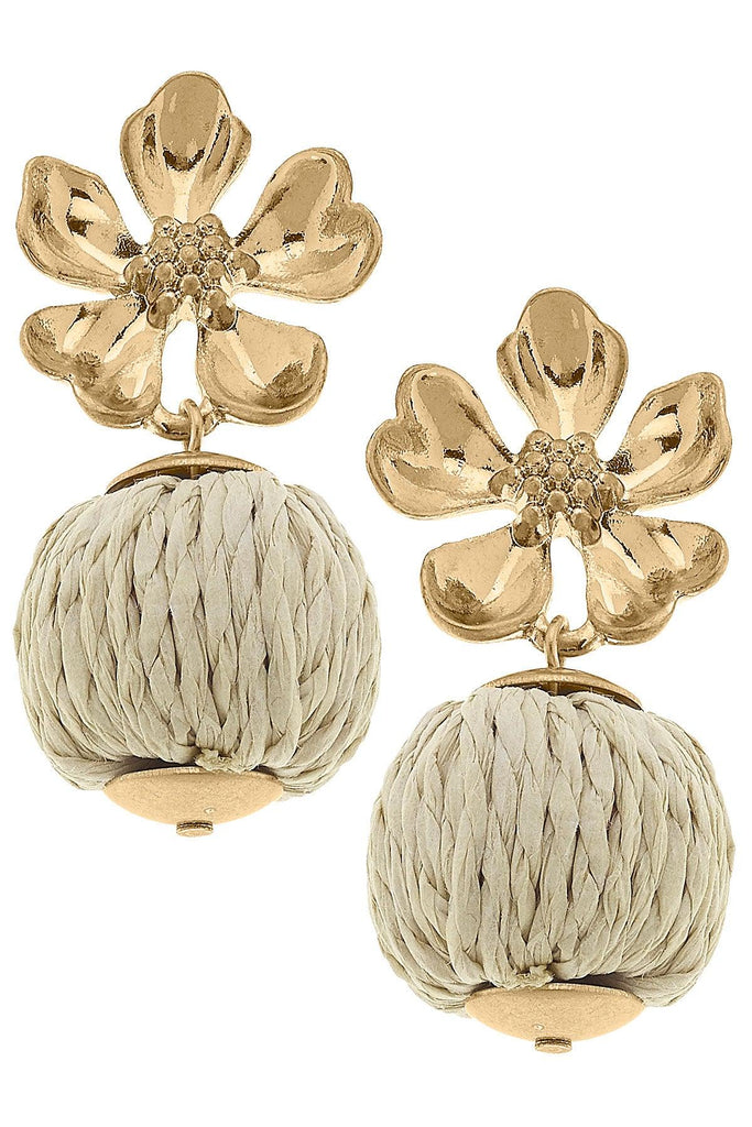 Lilah Flower Stud with Raffia Ball Earrings in Natural - Canvas Style