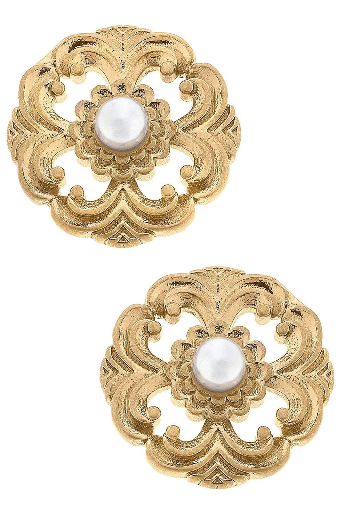 Marguerite Acanthus & Pearl Stud Earrings in Worn Gold - Canvas Style