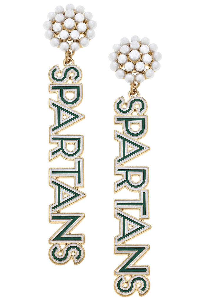 Michigan State Spartans Pearl Cluster Outline Enamel Drop Earrings - Canvas Style