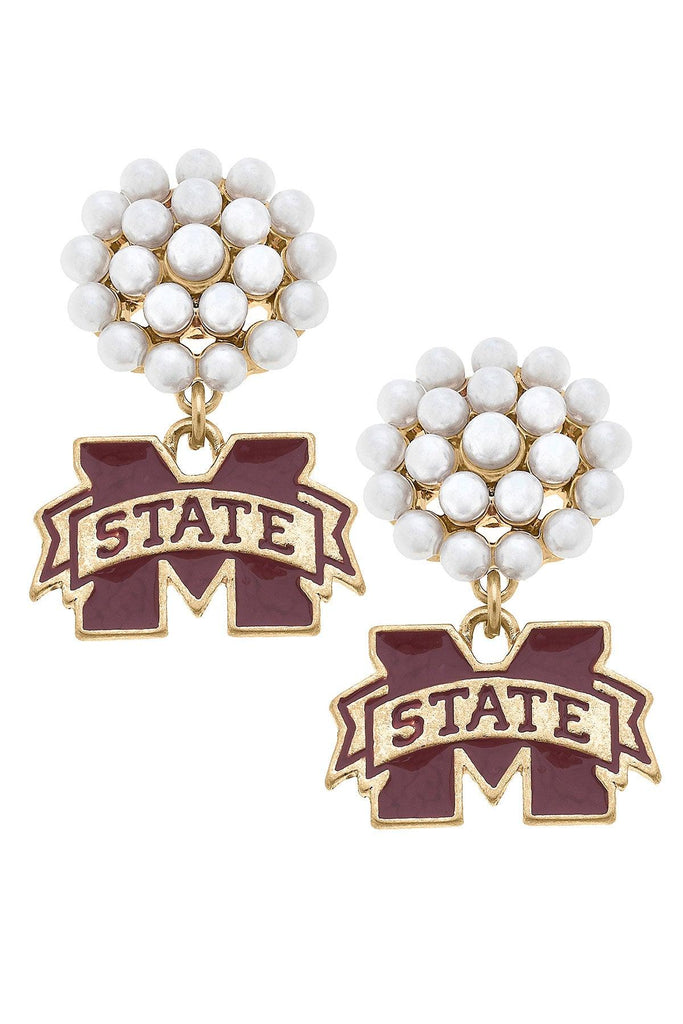 Mississippi State Bulldogs Pearl Cluster Enamel Drop Earring - Canvas Style
