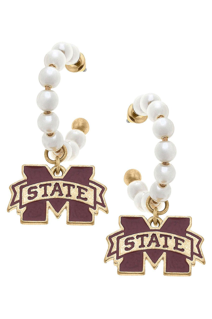 Mississippi State Bulldogs Pearl Hoop Enamel Drop Earrings - Canvas Style