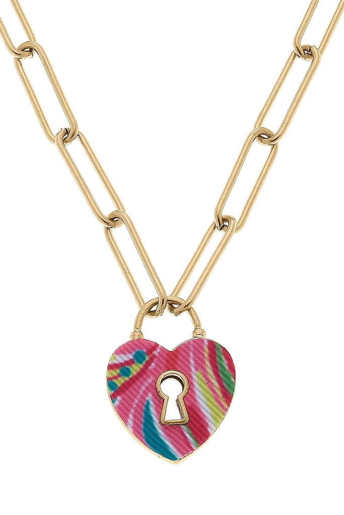 Monclér Tropical Heart Padlock Necklace in Pink - Canvas Style