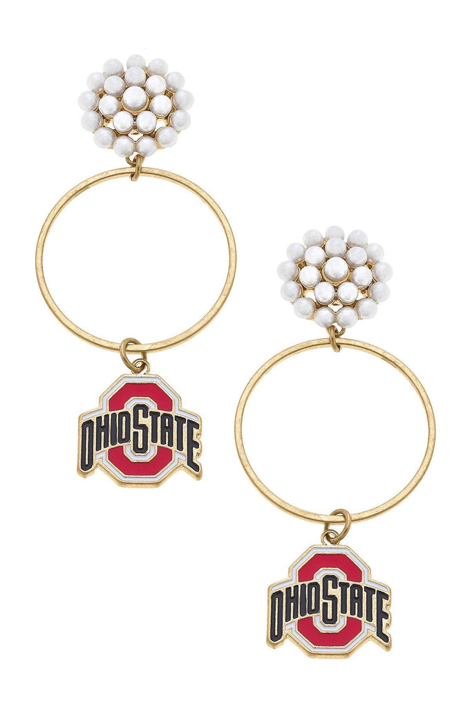 Ohio State Buckeyes Pearl Cluster Enamel Hoop Earrings in Scarlet - Canvas Style