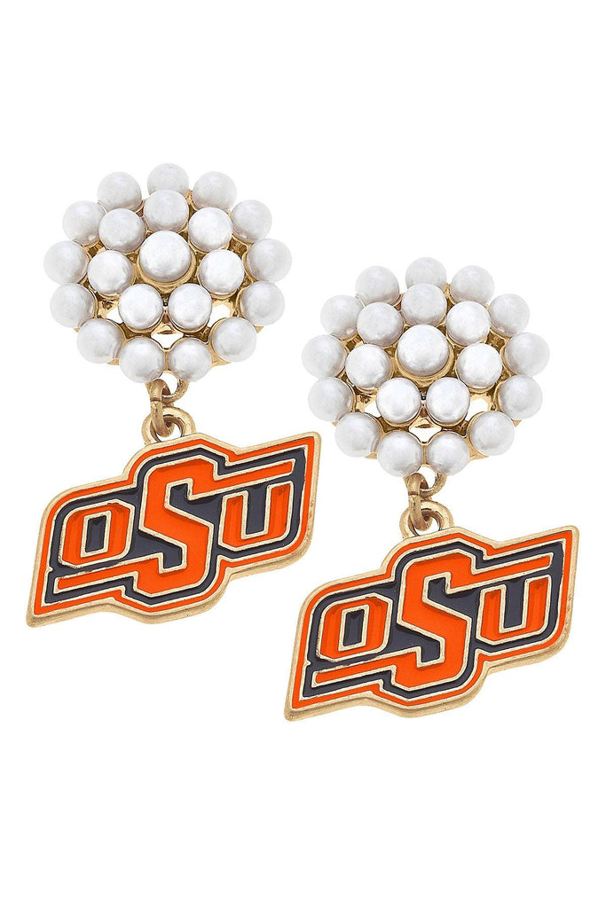 Oklahoma State Cowboys Pearl Cluster Enamel Drop Earrings - Canvas Style