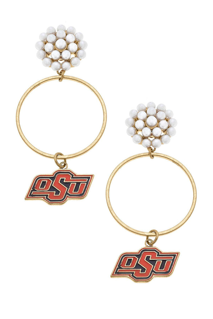 Oklahoma State Cowboys Pearl Cluster Enamel Hoop Earrings - Canvas Style