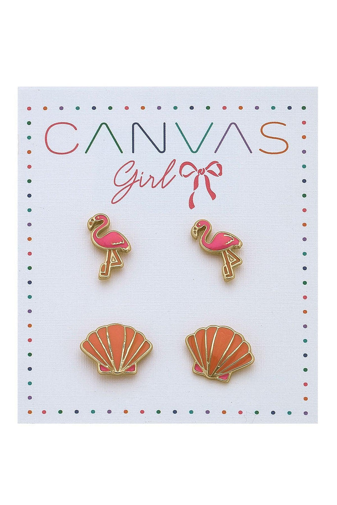 Roxy Flamingo & Shell Children’s Stud Earrings (Set of 2) - Canvas Style