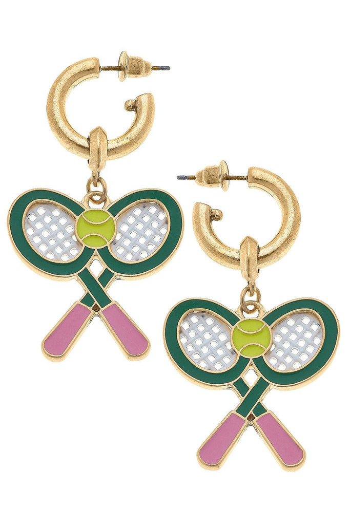 Sloan Tennis Racquet Enamel Drop Hoop Earrings in Green & Pink - Canvas Style