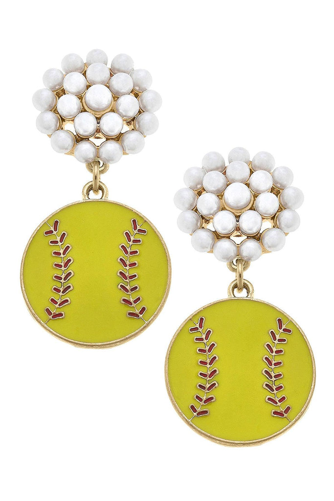 Softball Pearl Cluster Enamel Drop Earrings in Fluorescent Yellow - Canvas Style