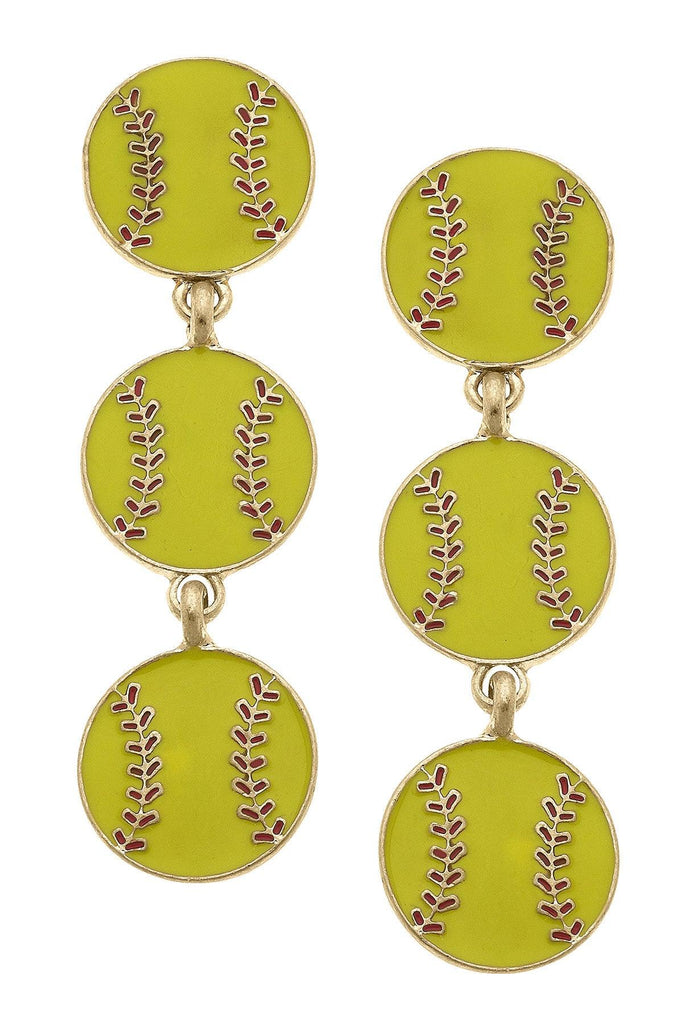 Softball Triple Drop Enamel Earrings in Fluorescent Yellow - Canvas Style