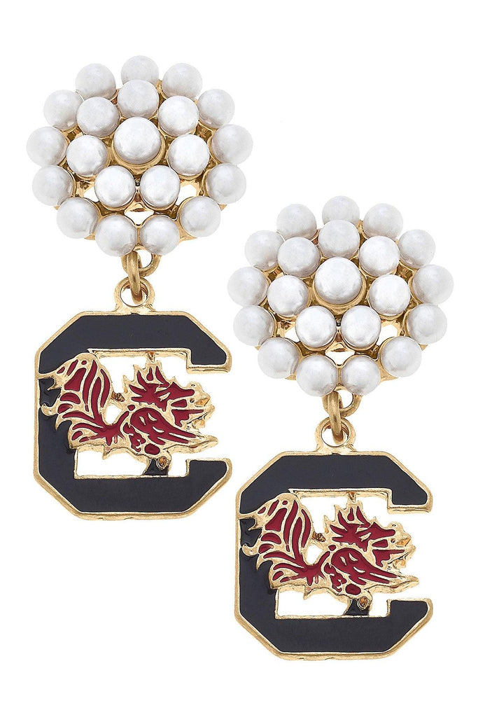 South Carolina Gamecocks Pearl Cluster Enamel Drop Earrings - Canvas Style