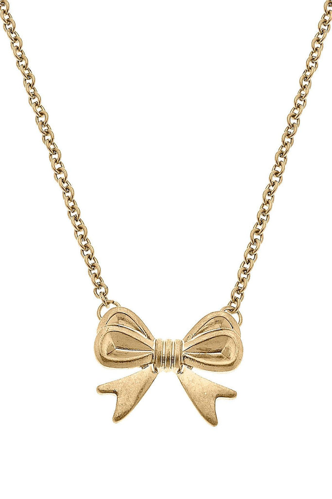 Stephanie Bow Pendant Necklace in Worn Gold - Canvas Style