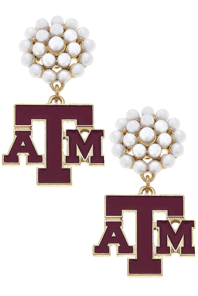 Texas A&M Aggies Pearl Cluster Enamel Drop Earrings - Canvas Style