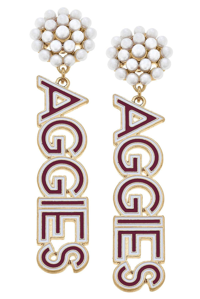 Texas A&M Aggies Pearl Cluster Outline Enamel Drop Earrings - Canvas Style
