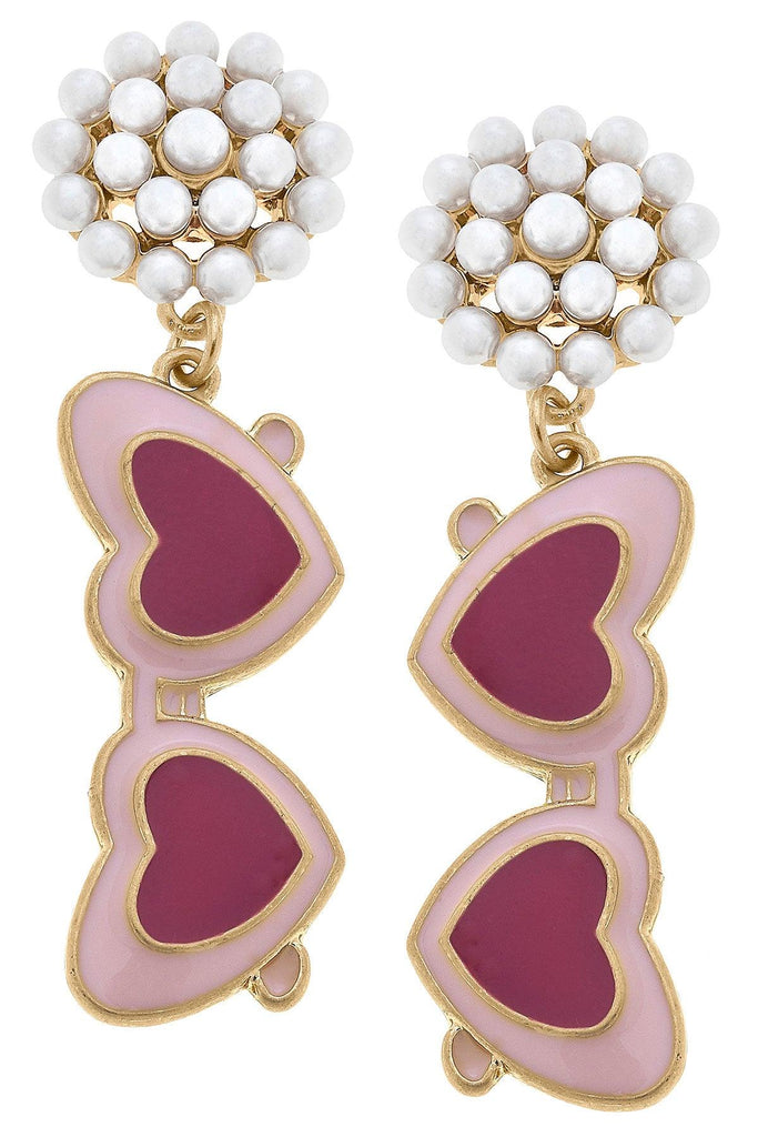 Valentine's Heart Sunnies Pearl Cluster Enamel Earrings in Pink - Canvas Style