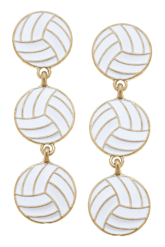 Volleyball Triple Drop Enamel Earrings in White - Canvas Style