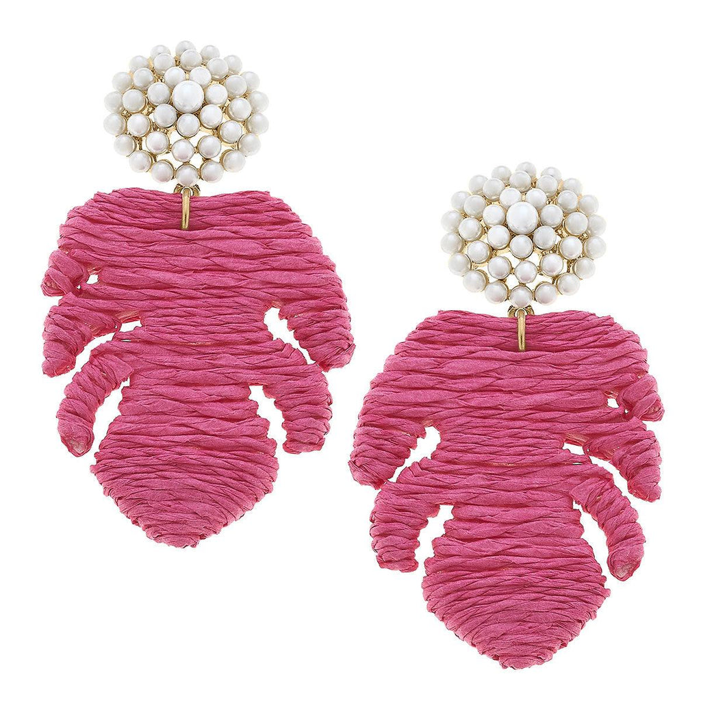 Natalie Raffia Palm Leaf Pearl Drop Earring in Pink - Canvas Style