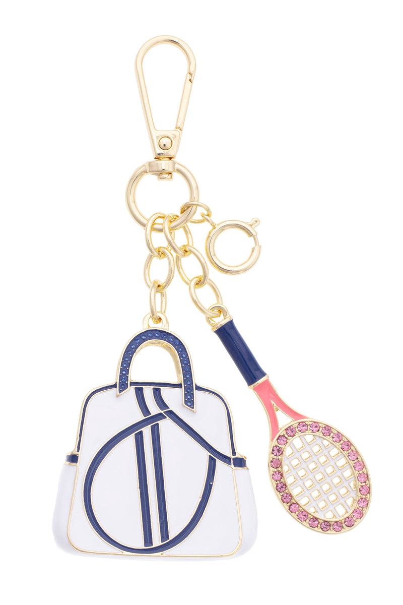 Rhinestone Tennis Racket Embellished Bag Charm in Pink, Navy, & White ...
