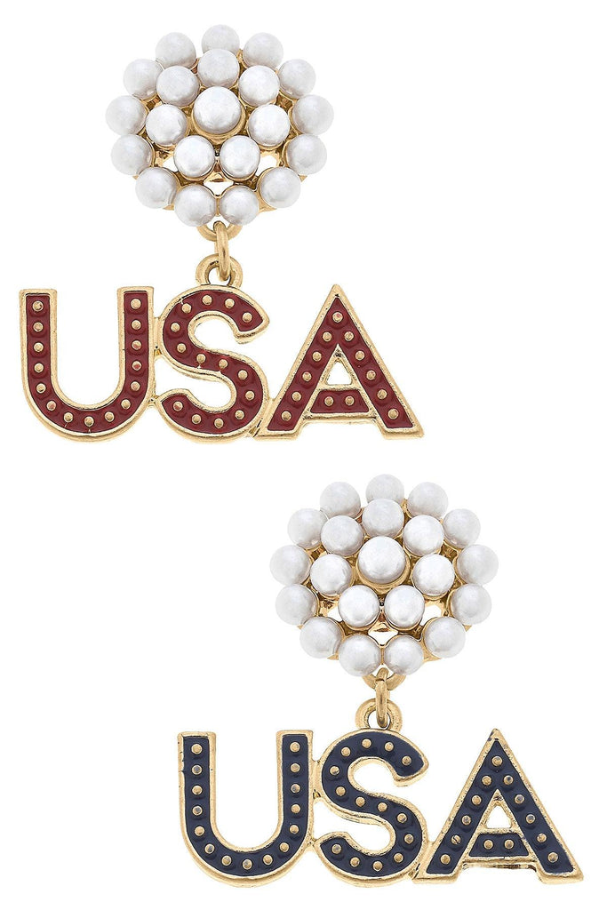 4th of July USA Pearl Cluster Enamel Earrings - Canvas Style