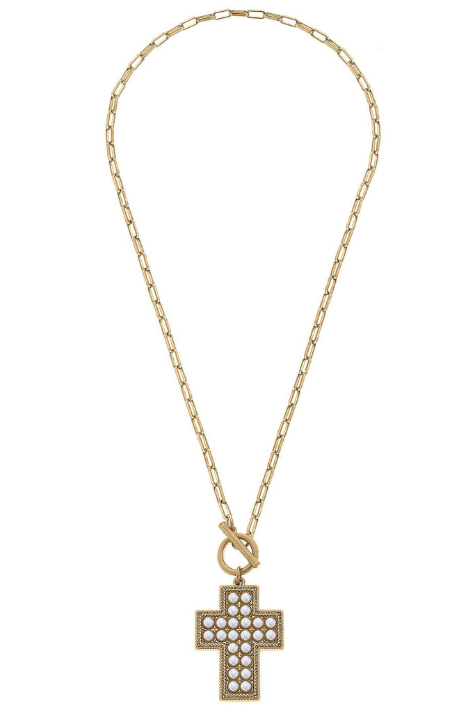 Abigail Pearl Cross T-Bar Necklace in Worn Gold - Canvas Style