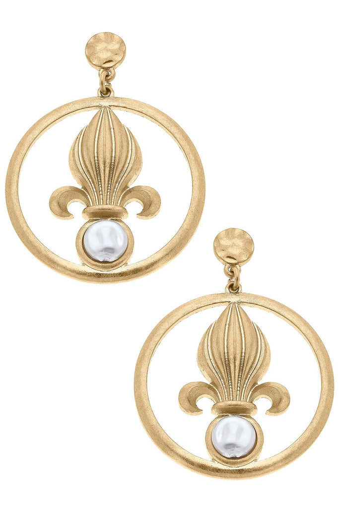 Acadia Fleur de Lis & Pearl Drop Earrings in Worn Gold - Canvas Style