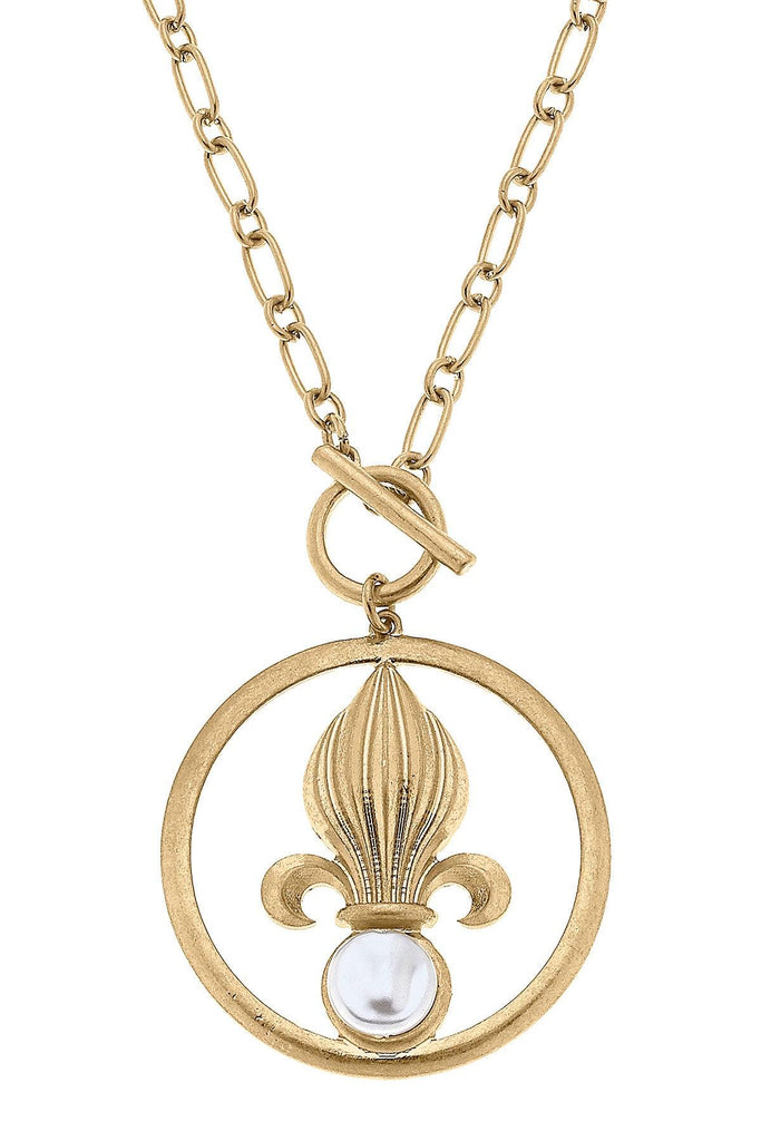 Acadia Fleur de Lis & Pearl Pendant T-Bar Necklace in Worn Gold - Canvas Style