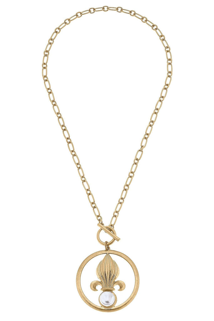 Acadia Fleur de Lis & Pearl Pendant T-Bar Necklace in Worn Gold - Canvas Style