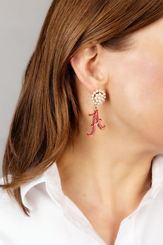 Alabama Crimson Tide Pearl Cluster Enamel Drop Earrings - Canvas Style