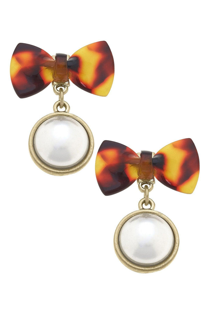 Alexa Pearl Drop Bow Earrings in Tortoise - Canvas Style