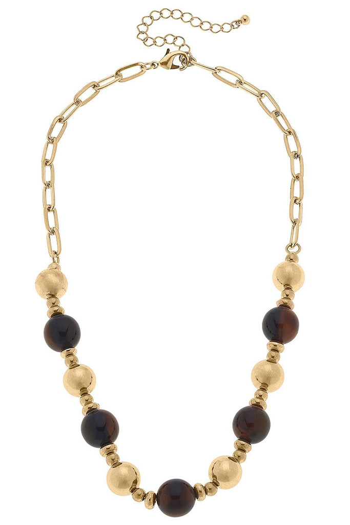 Alina Resin & Worn Gold Ball Bead Chain Link Necklace in Tortoise - Canvas Style
