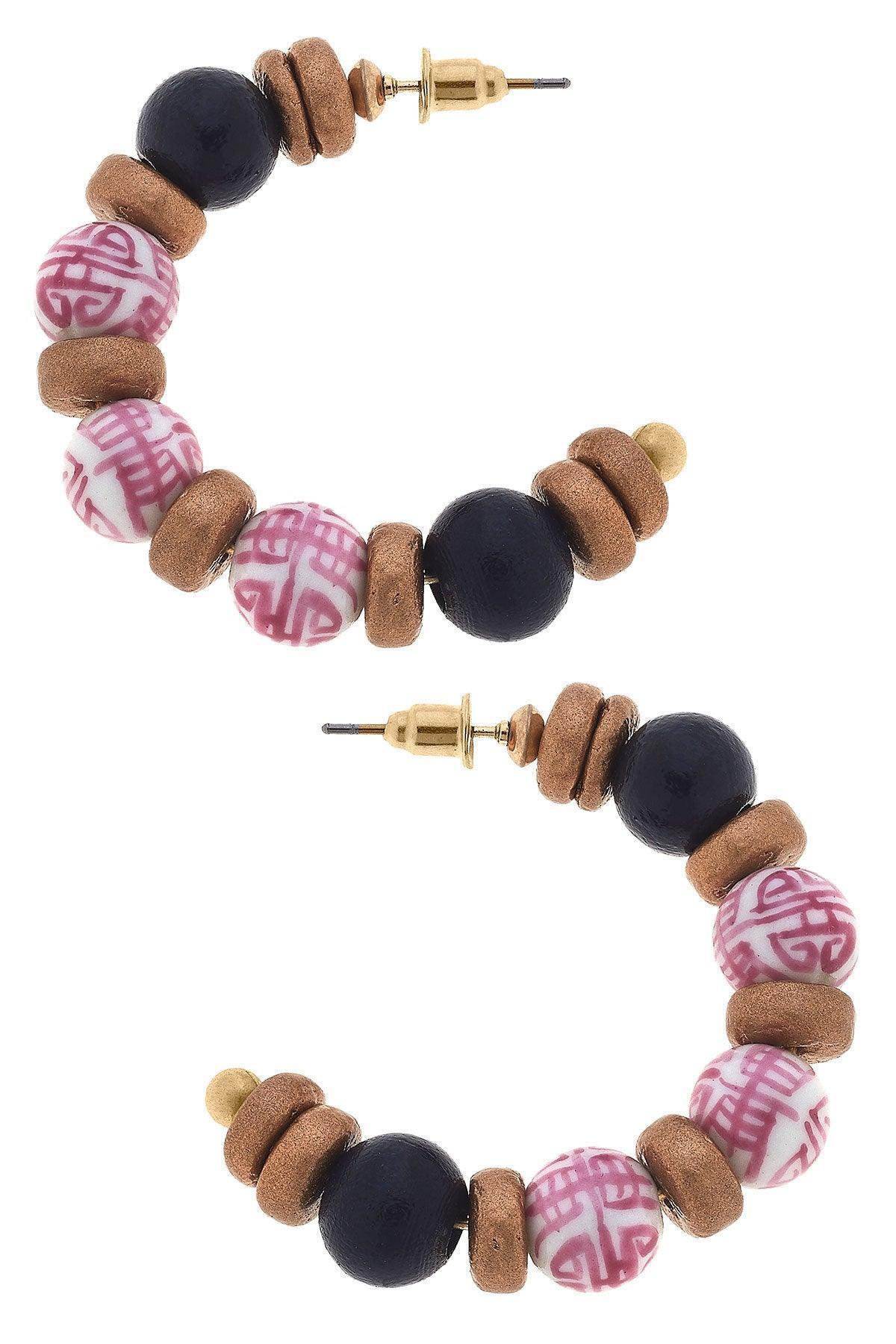 Alyssa Pink & White Chinoiserie & Painted Wood Hoop Earrings in Navy - FINAL SALE