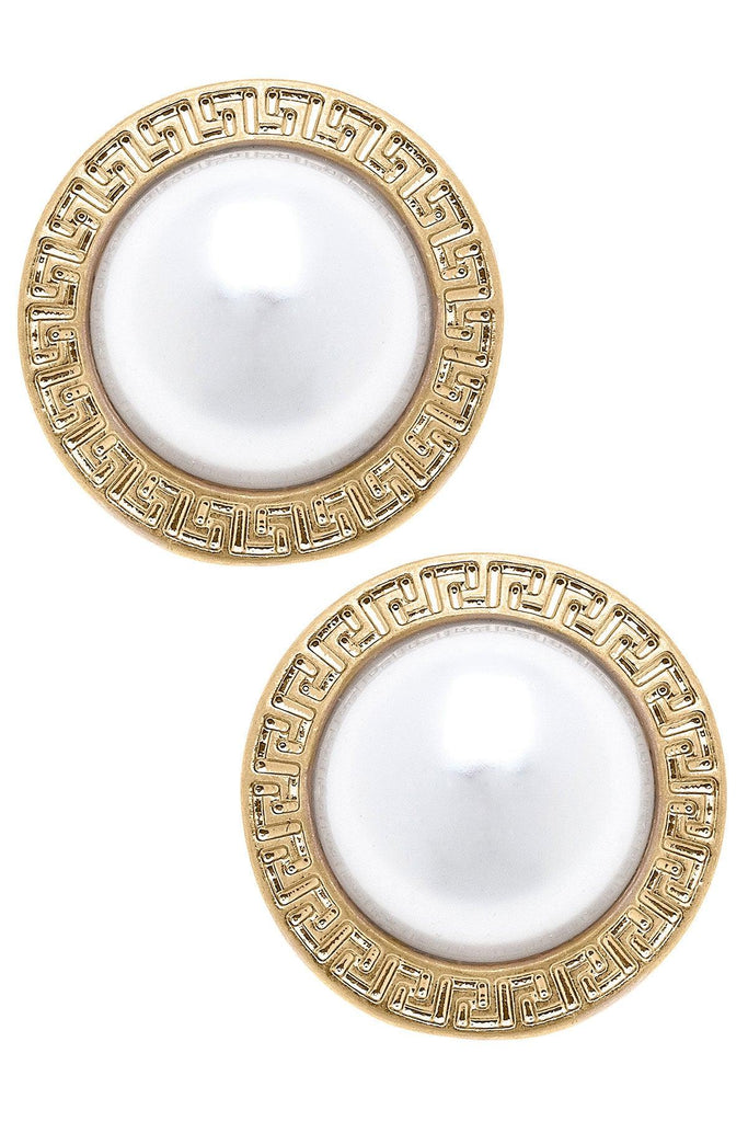 Amal Greek Keys Pearl Stud Earrings in Ivory - Canvas Style